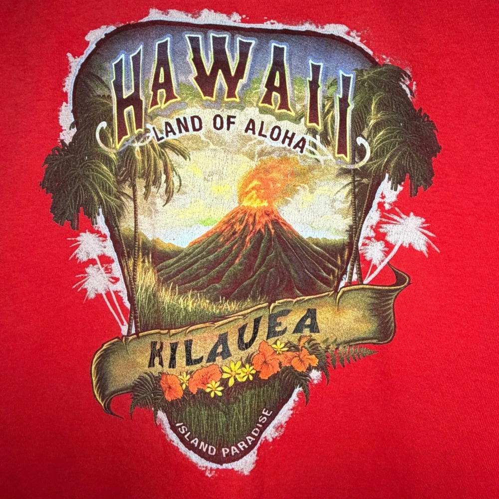 Vintage Y2k Hawaii Kilauea Volcano Land of Aloha Graphic Red T-Shirt Mens XL